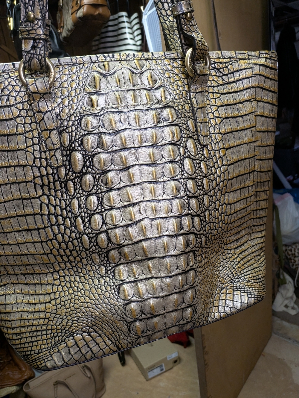 Brahmin Gold and Black Croc-Embossed Leather Tote with Tassel - Picture 3 of 5